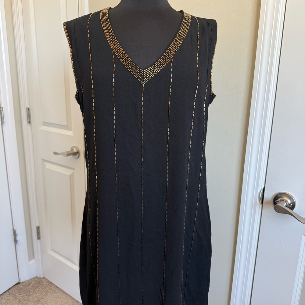 Black Sleeveless Dress with Gold Stitching